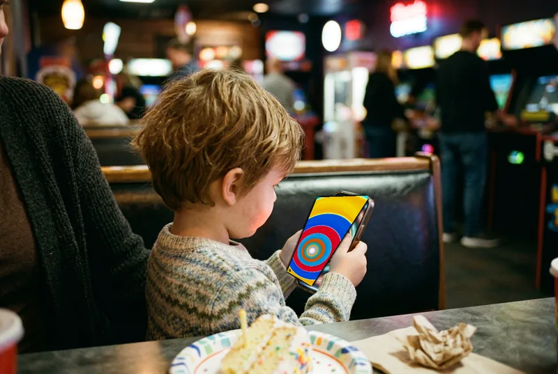 A young boy in a booth at an arcade restaurant, birthday cake in front of him, holding a phone running Ondo.