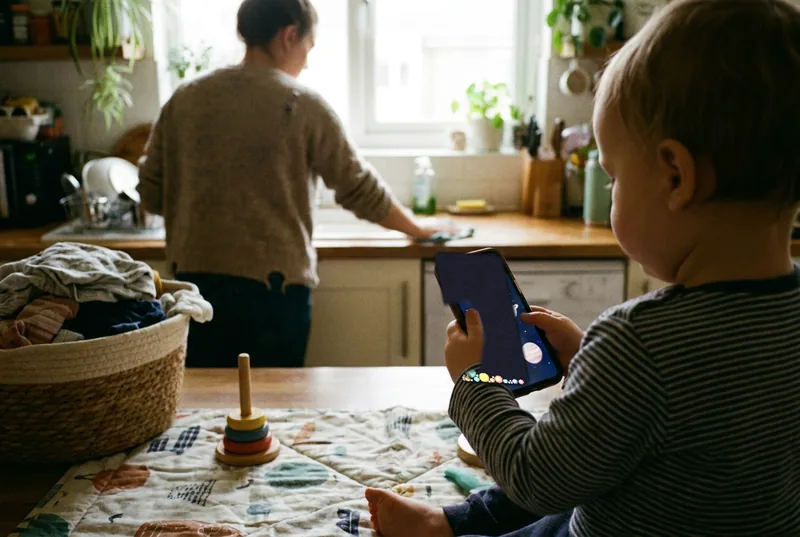 A parent wipes down a sunlit kitchen counter while a toddler on a play mat holds a phone running Ondo.