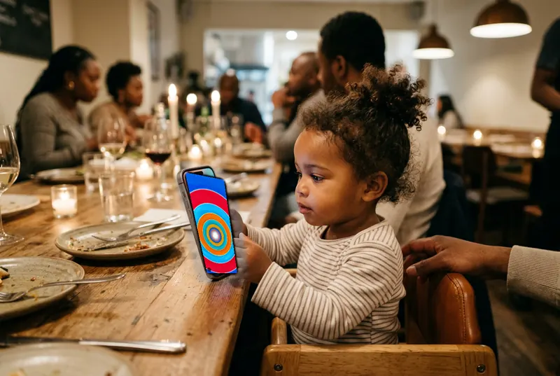 A toddler in a high chair at a long restaurant table holds a phone running Ondo while the adults talk over dinner.
