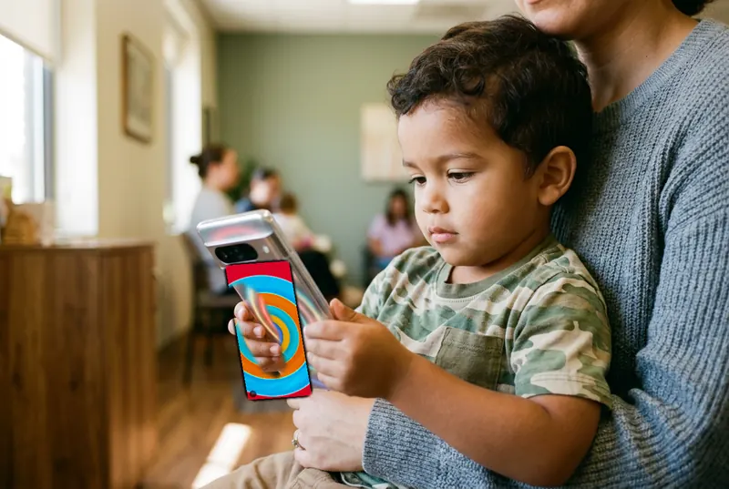 A toddler sits on a parent&rsquo;s lap in a bright pediatric waiting room, holding a phone that shows Ondo&rsquo;s concentric rings of colour.