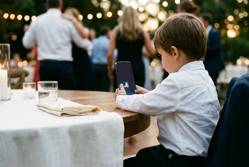 A boy in a white shirt at a round table at an evening wedding reception, holding a phone running Ondo.